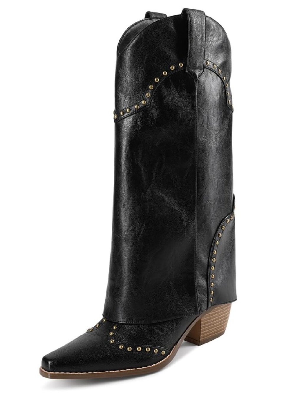 Cowboy Boots for Women, Fold Over Knee High Shark Boots Mid Calf Chunky Heel